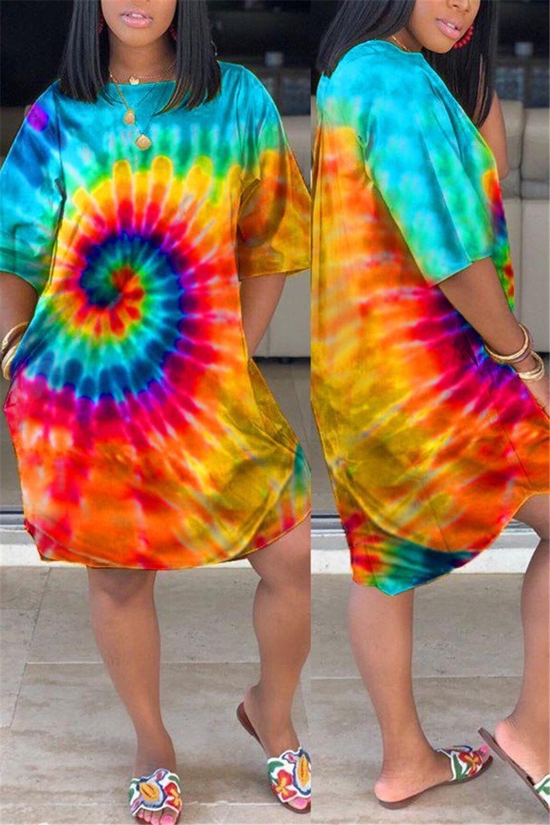 Plus Size Tie Dye Pocket Casual Dress-serendiple.com