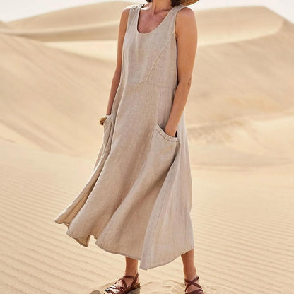 Women's Sleeveless Cotton And Linen Dress-serendiple.com