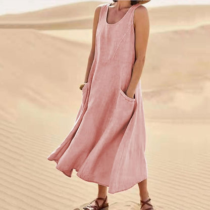 Women's Sleeveless Cotton And Linen Dress-serendiple.com